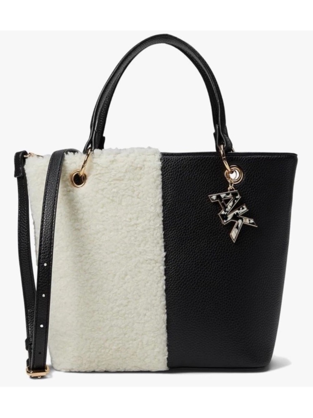 Anne Klein Sherpa Tote Black Cream Convertible Crossbody Mini Bag